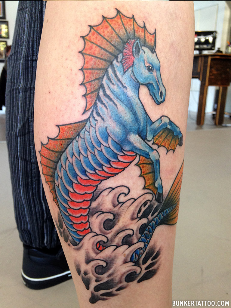 My beautiful watercolour seahorse by Zina, guesting at NR Studios in  London. : r/tattoos