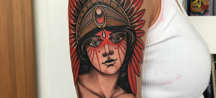 Black and grey native american woman tattoo on the